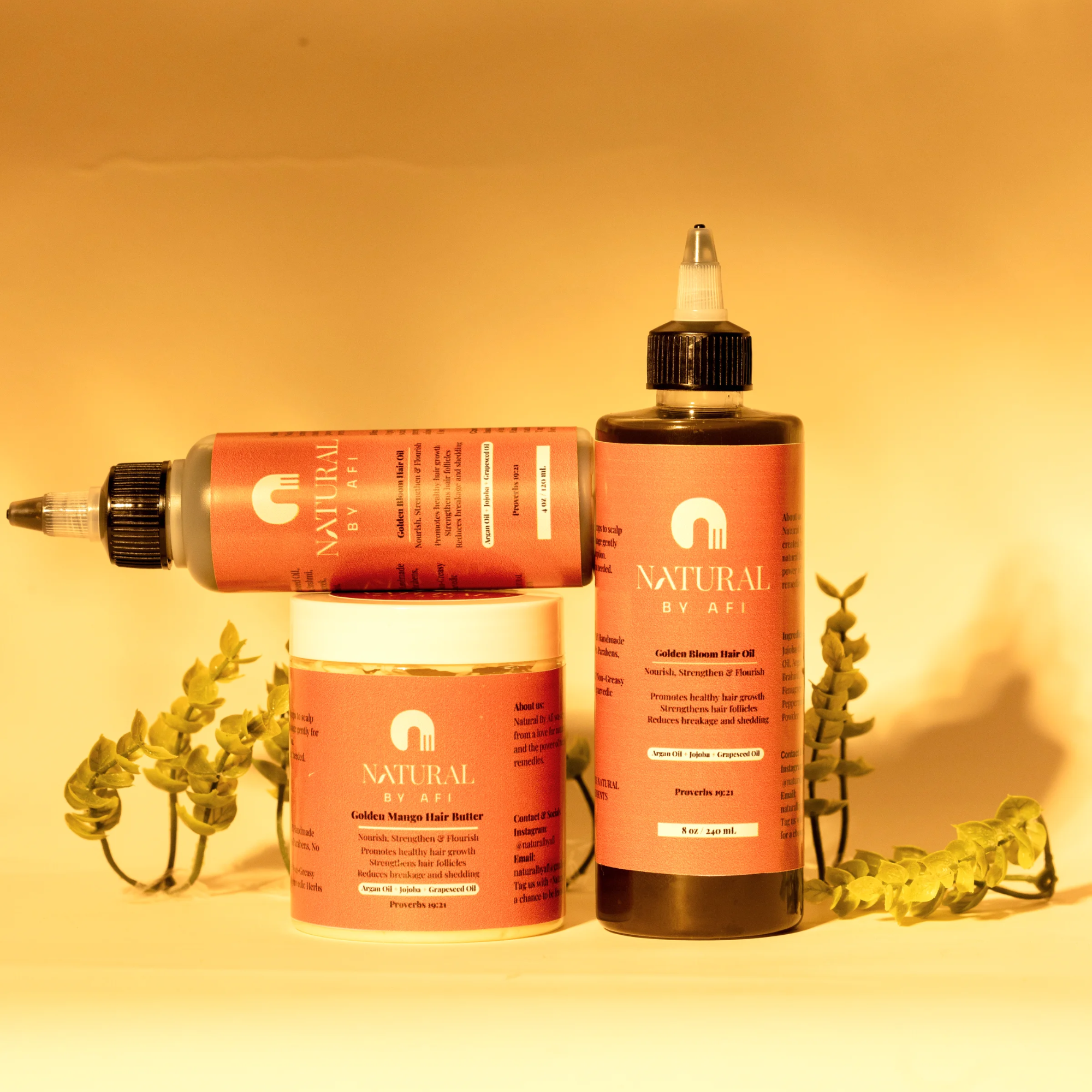 Moisture & Growth Bundle - Golden Mango Hair Butter, 4oz and 8oz Golden Bloom Oil, Satin Bonnet